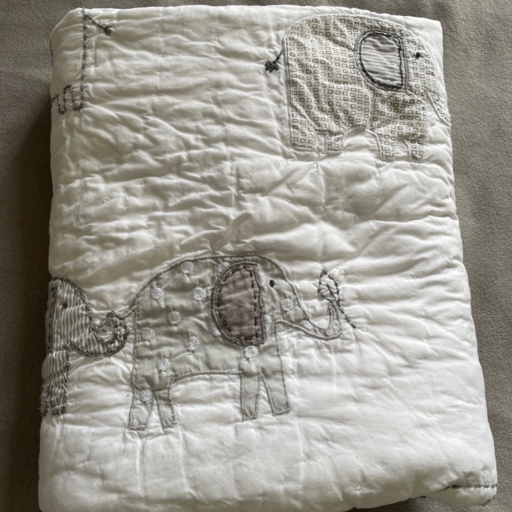 Pottery Barn Kids crib quilt blanket elephant unisex neutral baby nursery gray